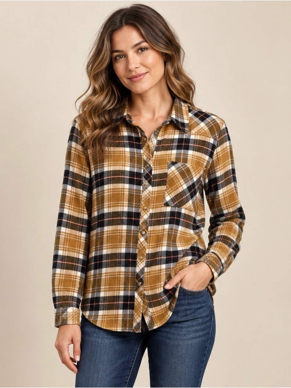 Arizona Jean Company Plaid Button-Up Shirt in Mustard and Black coral